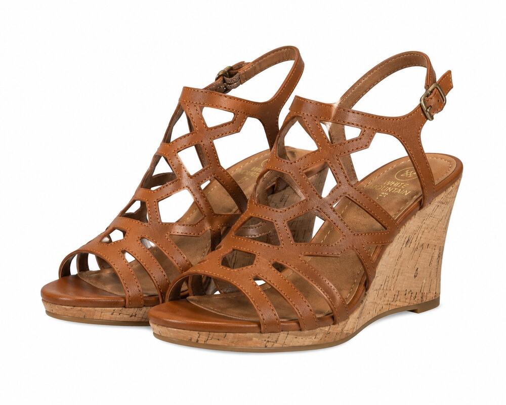 White Mountain Cognac Cutout Cork Wedge Sandals Brown Ankle Strap Size 11